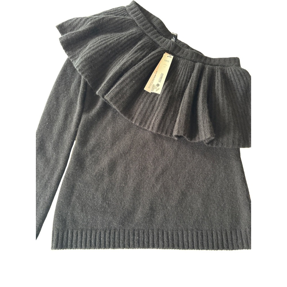 Aqua 100% Cashmere Black Ruffle One Cold Shoulder Sweater Womens S Luxurious
